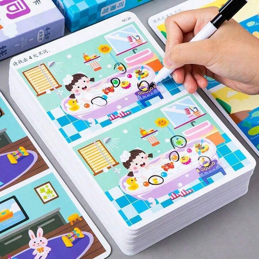 3級可擦拭找不同遊戲卡片，觀察力專注力訓練，兒童教育活動套裝，可重複使用漸進難度，卡通場景風格，多色雙面印刷，居家旅行教室遊戲，生日返校兒童禮物