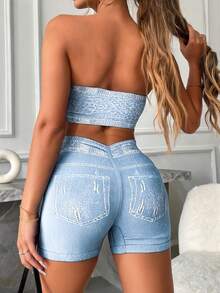 Washed Blue Denim Effect Bandeau Top + Butt-Lifting Shorts Set - Baby Blue - View 2