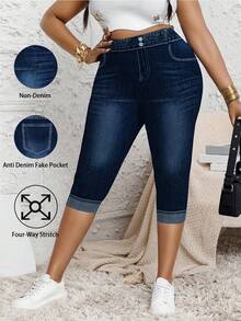 Celana Capri Slim Fit Motif Denim Ukuran Plus Wanita, Desain Ujung Bawah Berlipat Palsu, Legging Elastis Sedang, Ciptakan Tampilan Musim Gugur yang Modis untuk Liburan Musim Panas - Navy Blue - View 1