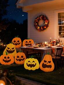 6pcs Thanksgiving Pumpkin Decor Set, Large Pumpkin Porch Sign, Wooden Indoor/Outdoor Decoration For Home Front Door, Stairs, Dining Table Centerpiece, Autumn Harvest Festival, Halloween Party Decoration - Multiple Styles - View 6