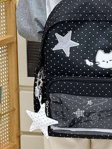 Fresh Polka Dot Cat Backpack, INS Style, Water-Resistant, Multi-Pocket, College Style Student School Bag, Water-Resistant And Durable Fabric, Large Capacity Daily Commute Backpack, 3D Embroidered Star Cat And Music Note Transparent Front Pocket, Wide Pressure-Relief Shoulder Straps For Long-Term Wear Without Shoulder Pressure, Layered Storage Compartments For Books, Tablets, Stationery, Side Pockets For Water Bottles And Umbrellas, Suitable For Students' Classes, Tutoring, Short Trips, Shopping, Back To School Season - Multicolor - View 12