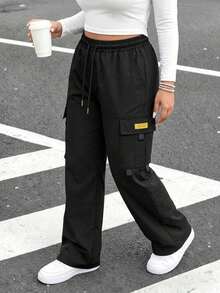 Plus Size Women's Multi-Pocket Cargo Pants, Spring/Autumn New Loose Casual Straight Leg Sweatpants, Suitable For Home And Sports - Black - View 3