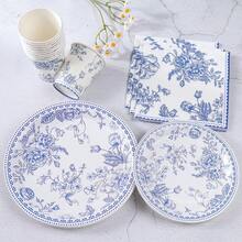 青花瓷花卉一次性派对用品，中式花卉印花纸质甜点盘，纸杯，纸巾，青花花卉纸盘，适用于新娘送礼会、婚礼、茶会、花艺派对装饰、圣诞节 - 彩色 - 查看 4