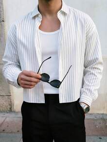 Men's Single-Breasted Casual/Commute Striped Short Sleeve Shirt - White - View 3