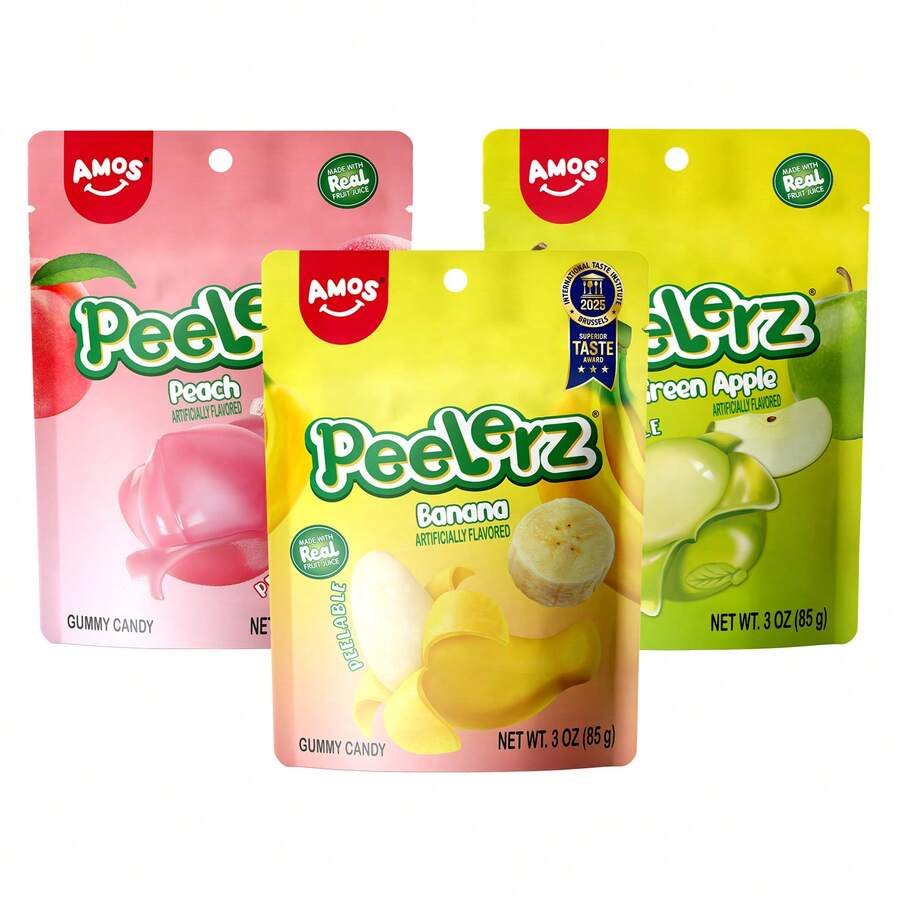AMOS Peelerz Gummy Sweets 3oz Real Fruit Juice Individual Packs 3 Flavors (Green Apple, Peach, Banana) Peelable Fruit Gummy Candy
