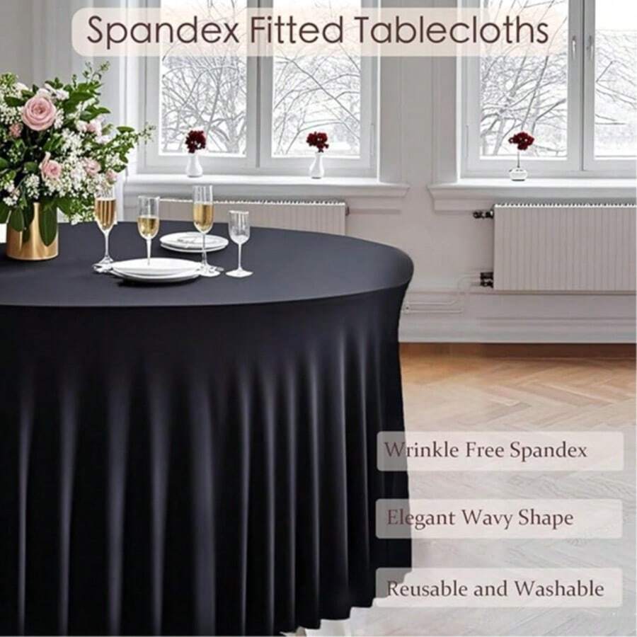 1pc White Table Skirt Tablecloth, Fits 4ft/5ft/6ft Round Table, Fitted Spandex Round Tablecloth, Wrinkle-Resistant White Table Skirt, Suitable For Reception, Birthday, Holiday Dinner, Banquet, Engagement Party Decoration - Round Black - View 1