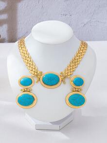 2pcs Bohemian Style Textured Turquoise & Gold Tone Necklace And Earrings Set, Elegant Jewelry Suit For Women, Suitable For Party, Banquet, Vacation And Commute - Blue - View 8