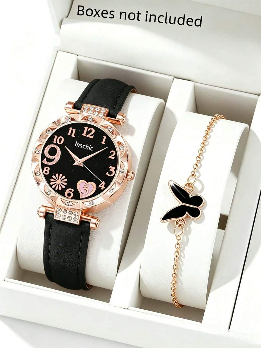 Starry Sky Dial Fashion Quartz Watch + Delicate Butterfly Thin Chain Bracelet 2 Pieces Set, One Set For Daily Commute, Date Outfits, Light Luxury Gentle Style, Suitable For Party, Valentine's Day, Halloween, Christmas Multiple Occasions - Multicolor - View 1
