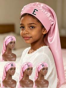 Children Girls A-Z Long Satin Hair Bonnet With Elastic Band, Protects Long Braids, Curly Hair & Wigs While Sleeping - Pink - View 1