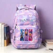 Miniso High School Bag Gradient Color Letter Three Figure Vertical Color Block Print Purple Pink Cherry Blossom Quilt Large Capacity Student Backpack Multi - Purple - View 6