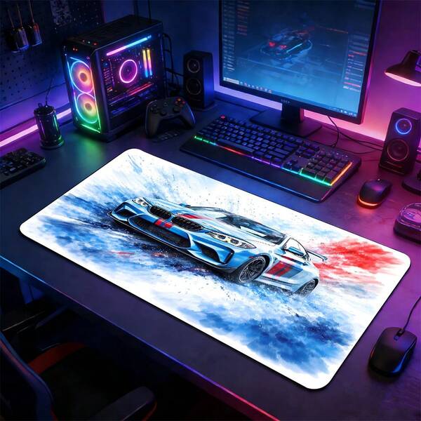 1pc Watercolor Sports Supercar Gaming Extra Large Mouse Pad, Ink Splash Racing Style Large Desk Mat - Dynamic Atmosphere Extended Oversized Red & Blue Splatter Racing Car Speeding Pattern Mouse Pad, With Non-Slip Rubber Bottom And Stitched Soft Fabric Keyboard Mat. Immersive Watercolor Racing Aesthetic Desk Mat, Suitable For Hardcore Competitive Gaming, Atmospheric Home Office And Focused Creative Scenarios, Blending Passionate Dynamic Energy With Ink Style Perfectly.
