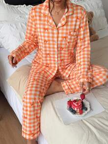 2 pezzi/Set Pigiama Autunno/Inverno con Stampa Fiocco a Quadri, Top a Maniche Lunghe con Colletto e Bottoni e Pantaloni Lunghi, Set da Notte e Abbigliamento da Casa per Donne - Arancione - Visualizzare 1