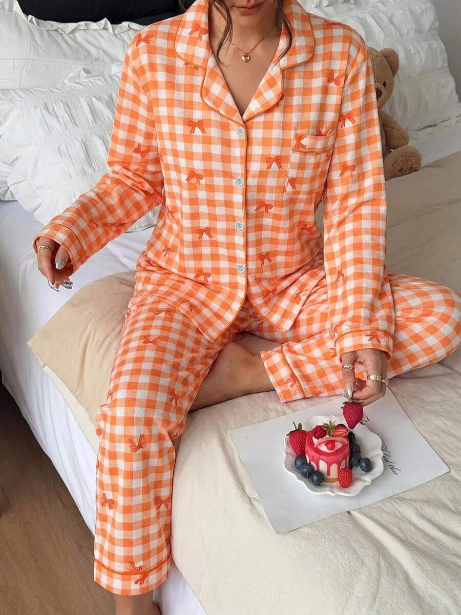 2 pezzi/Set Pigiama Autunno/Inverno con Stampa Fiocco a Quadri, Top a Maniche Lunghe con Colletto e Bottoni e Pantaloni Lunghi, Set da Notte e Abbigliamento da Casa per Donne - Arancione - Visualizzare 1