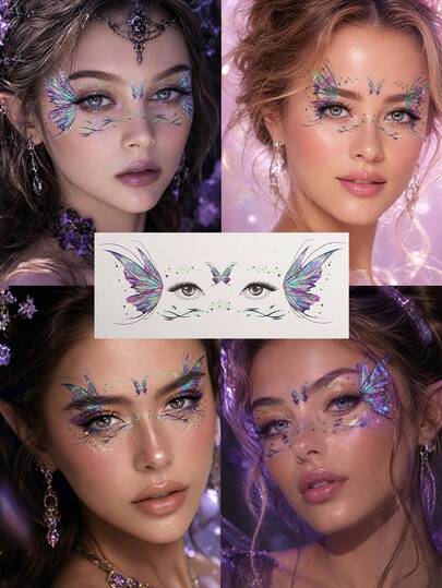 Glitter Butterfly Face Tattoo Stickers, Waterproof Shiny Eye Makeup Decals, Suitable For Women, Fairy Wings Temporary Tattoos, Glitter Face Art, Applicable For Halloween Costumes, Festival Party Makeup, Fantasy Elf Looks, Long-Lasting Body Stickers