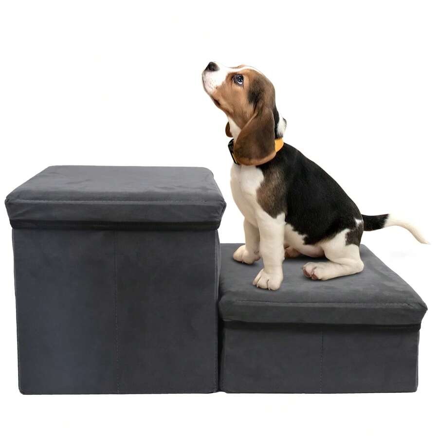 Foldable Dog Stairs For Small Medium Dogs With Storage And Adjustable Steps Pet Storage Stepper For High Beds Sofa Holding Up To 50 Lbs Pet Dog Cat (2 Step) - Grey - View 1