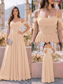Đầm dạ hội maxi voan chiffon đính sequin ren hoa, trễ vai, gấu nhún, đầm phù dâu, váy dạ hội cưới mùa thu trang trọng - Rượu sâm banh - Xem 10