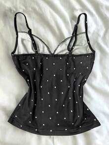 Atasan Camisole Polkadot Bergaya Coquette dengan Hiasan Renda dan Pita Busur serta Patchwork Jala untuk Wanita - Hitam - View 2