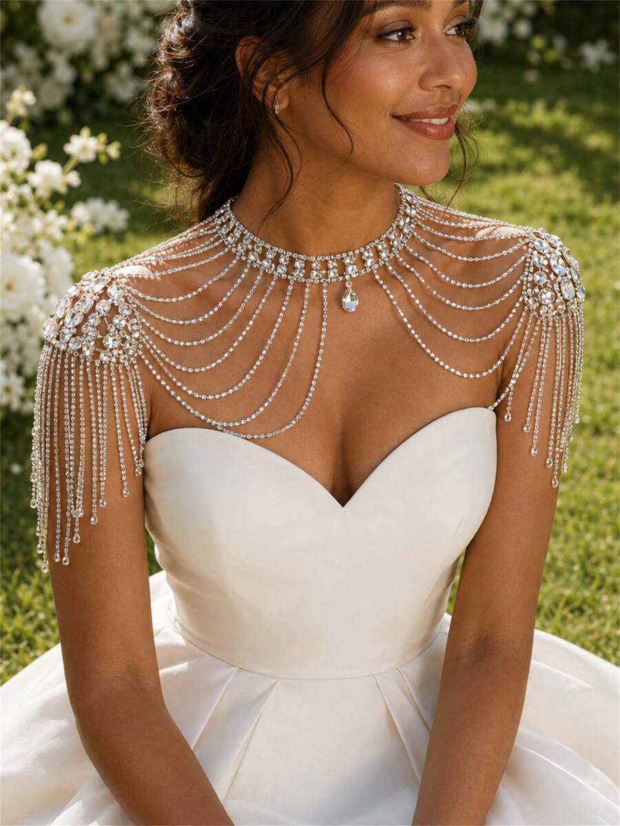 1PC Exaggerated Rhinestone Shoulder Chain, Bridal Wedding Banquet Dress Women's Fashion Jewelry Accessory - Silver - View 1