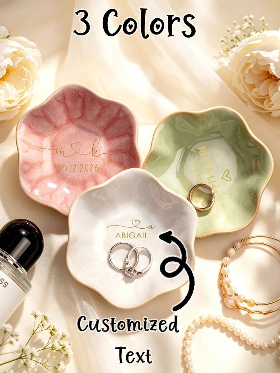 CFUNIQ 客製化陶瓷訂婚戒指托盤，姓名珠寶碟，新娘，訂婚禮物，適合作為結婚週年禮物，客製化珠寶碟，伴娘盒，伴娘禮物，給丈夫和妻子的禮物，個性化，婚禮伴手禮，客製化禮物，耳環，戒指架，可客製化商品，婚禮用品，臥室用品，給女性的個性化禮物，伴娘邀請禮物，客製化，聖誕節，桌面收納