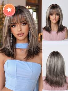 FIVE STARS Fashionable 16-Inch Gray Highlights Straight Synthetic Wigs With Neat Bangs: Natural-Looking And Heat Resistant For Party Cosplay Daily Use - Multicolor - View 13