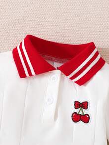 Autumn/Winter New College Style Striped Polo Collar Girls Dress, Cherry Embroidery Contrast Color Ribbed Cuffs, Waist-Cinched Long Sleeve Baby Girl Polo Princess Dress - White - View 7