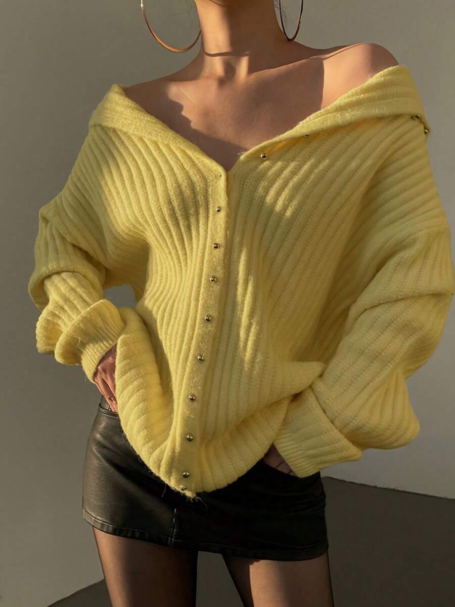 Plus Size Women's Fashion Elegant Ribbed Cold Shoulder Cardigan Sweater, Autumn/Winter Style, Date Night Outfit, Casual Wear - Yellow - View 1