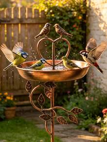 1pc Vintage Iron Bird Bath Feeder, Outdoor Garden Patio Decor, Bronze Heart-Shaped Top With 2 Birds And Leaf Design, Weather-Resistant, Sturdy Ground Stake, Easy Installation And Detachable, Summer Garden Essential, Holiday Decoration And Gift - Multicolor - View 4