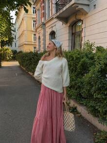 Off-White Diamond Cable Knit Asymmetrical Cold Shoulder Drop Shoulder Loose Long Sleeve Sweater For Women, French Gentle Pure Desire Style, Suitable For Spring/Autumn Dating, Store Visiting, Casual Outfits - Beige - View 3