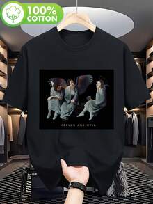 Schwarzes bedrucktes T-Shirt für Herren - "Heaven And Hell" mit Engel-Motiv, Rockband-Print, lässiges Sommer-T-Shirt mit kurzen Ärmeln und Rundhalsausschnitt, maschinenwaschbares Kleidungsstück für Konzerte, Fe - Schwarz - Übersicht 8