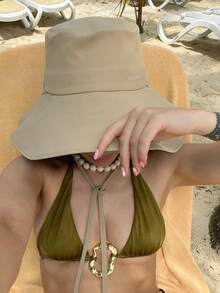 1pc Women's Drawstring Bucket Hat, Adjustable Chin Strap Design, Distressed Finish, Soft Fabric, Sun Protection & Windproof, Fashionable, Suitable For Travel, Beach, Daily Casual Use - A - View 3