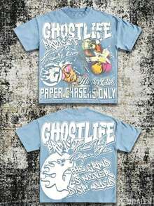 Men's Y2K Tee -American Street & "GHOSTLIFE" Hip-Hop Figureg Raphic T Shirt, Loose Retro Fit,Suitable For Young Men And Women To Wear For Casual - 藍色 - 查看 3