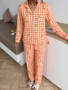 2 pezzi/Set Pigiama Autunno/Inverno con Stampa Fiocco a Quadri, Top a Maniche Lunghe con Colletto e Bottoni e Pantaloni Lunghi, Set da Notte e Abbigliamento da Casa per Donne - Arancione - Visualizzare 3