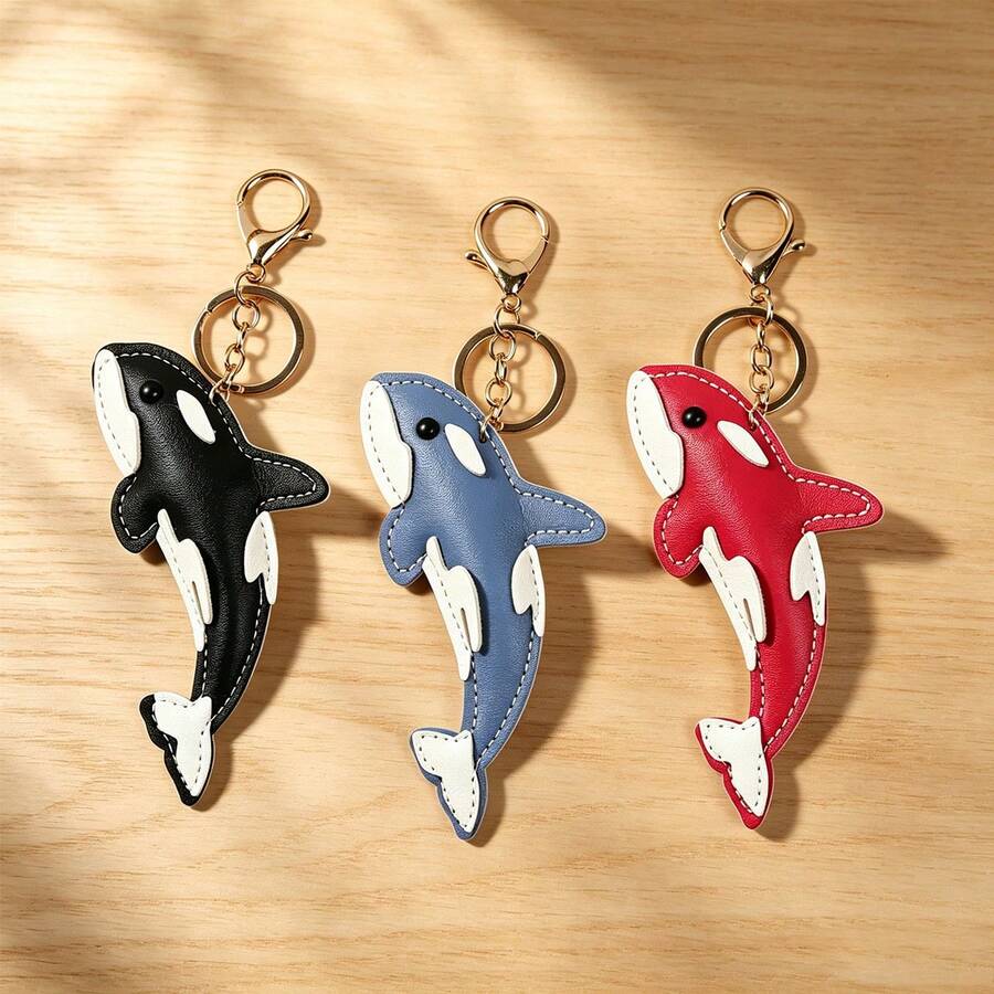 Cute Leather Orca Keychain, Cartoon Ocean Whale Animal Bag Charm, Minimalist Versatile Car Key Pendant Couple Accessory, Teacher Gift, Travel Birthday Gift, Beach Keychain - Multicolor - View 1