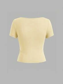 Kaos Lengan Pendek Leher U Kasual Minimalis Terbaru untuk Musim Panas, Serbaguna dan Cocok untuk Atasan Wanita - Kuning - View 3