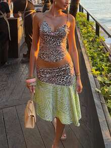 DOUCIU 2pcs Leopard Cami Tank Top & Asymmetrical Knee-Length Skirt Sets Island Vacation Style - Green - View 4
