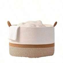 Bohemian Style Dual-Color Cotton Rope Storage Basket With Tassels And Rope Handles, Soft Woven Decorative Laundry Basket, Large Capacity Storage Basket For Blankets, Toys, Clothes, Plants, Housewarming Gift, Baby Shower Gift - Brown - View 5