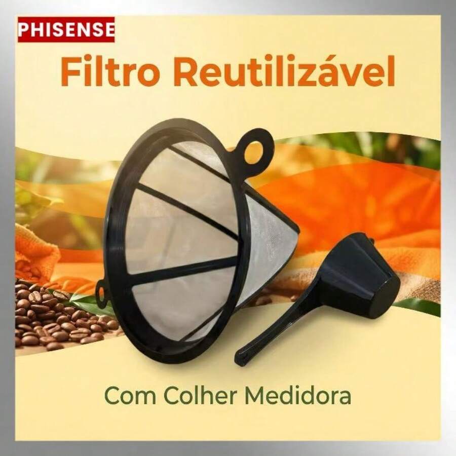 Filtro De Café Cônico Reutilizável Em Aço Inoxidável Com Colher Medidora Sem Resíduos Para Café Coado Manual - Preto - Visão 1