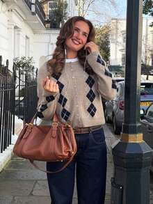 Women's Casual College Style Short Argyle Knit Cardigan, Long Sleeve Round Neck Sweater, Suitable For Winter Wear, Wool Blend Fall - Gray Khaki - View 3