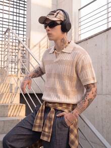BLACKTOEXIT Men's Polo Shirt, Collared Short Sleeve Knitted Old Money American Style Striped Knit Top, Spring/Summer - Apricot - View 5
