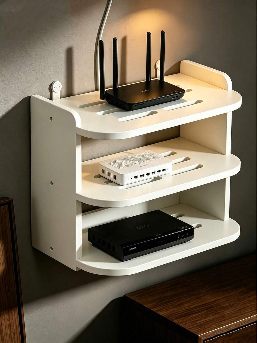 No-Drill Wall-Mounted WiFi Router Modem Double-Layer Floating Storage Rack, Heat Dissipation Ventilated Wall Storage Shelf, Suitable For Bedroom And Living Room, Heavy-Duty Cable Management Rack, Compatible With Router, Projector, Streaming Box, Dual Installation Kit TV Top Device Storage Tray - Wall-mounted - View 1