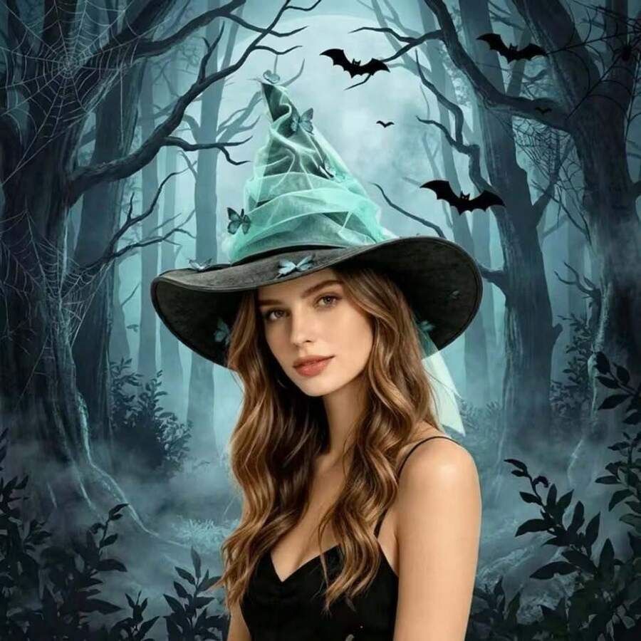 1pc Pleated Halloween Party Butterfly Witch Durable Gothic Witch Hat Tall Pointed Cone Top Mesh Yarn Cosplay Dress Up Hat - View 1