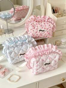 Cute Strawberry Flower Quilted Makeup Bag With Lotus Leaf Edge Zipper Makeup Bag Large Capacity Travel Toilet Bag Multi Functional Storage Bag Pen Bag - Multicolor - View 1