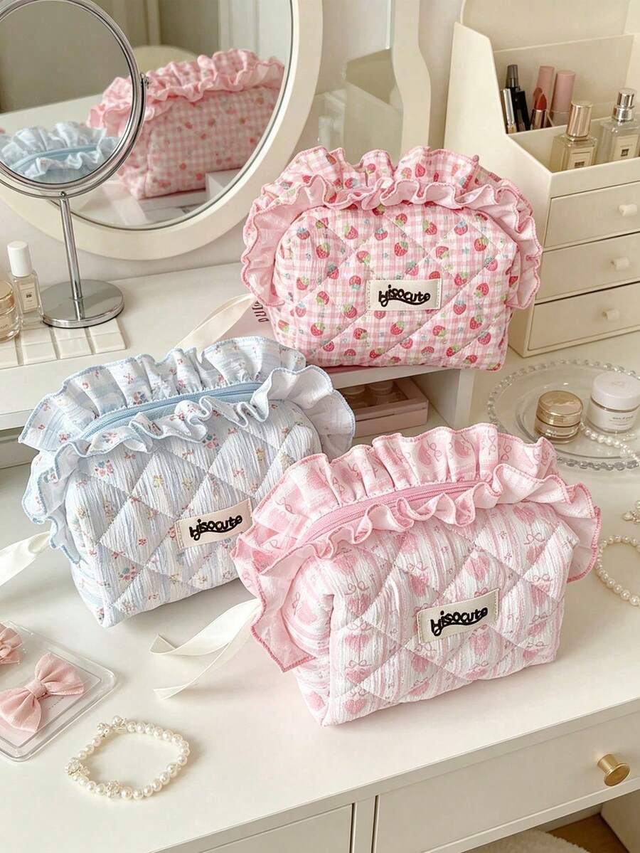 Cute Strawberry Flower Quilted Makeup Bag With Lotus Leaf Edge Zipper Makeup Bag Large Capacity Travel Toilet Bag Multi Functional Storage Bag Pen Bag - Multicolor - View 1