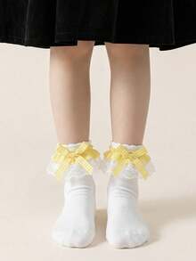 2 Pairs Pure Cotton Kids Lace Plaid Bow Dance Ruffle Princess Fashion Versatile Party Socks - Multicolor - View 5