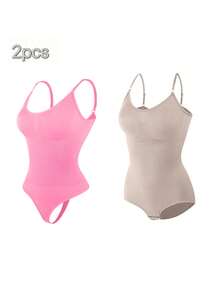 2Pcs High Waist Tummy Control Thong Bodysuit Figure - 杏桃粉 - 查看 1