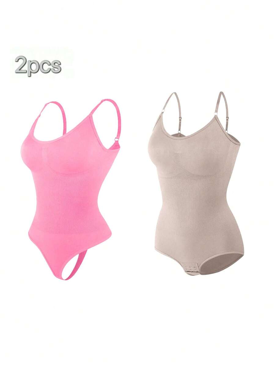2Pcs High Waist Tummy Control Thong Bodysuit Figure - 杏桃粉 - 查看 1