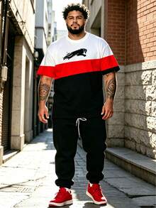 2pcs Plus Size Men's White Red Black Three-Section Colorblock Leopard Ink Print Short Sleeve Jogger Sweatpants Set, American Streetwear Plus Summer - Black - View 1