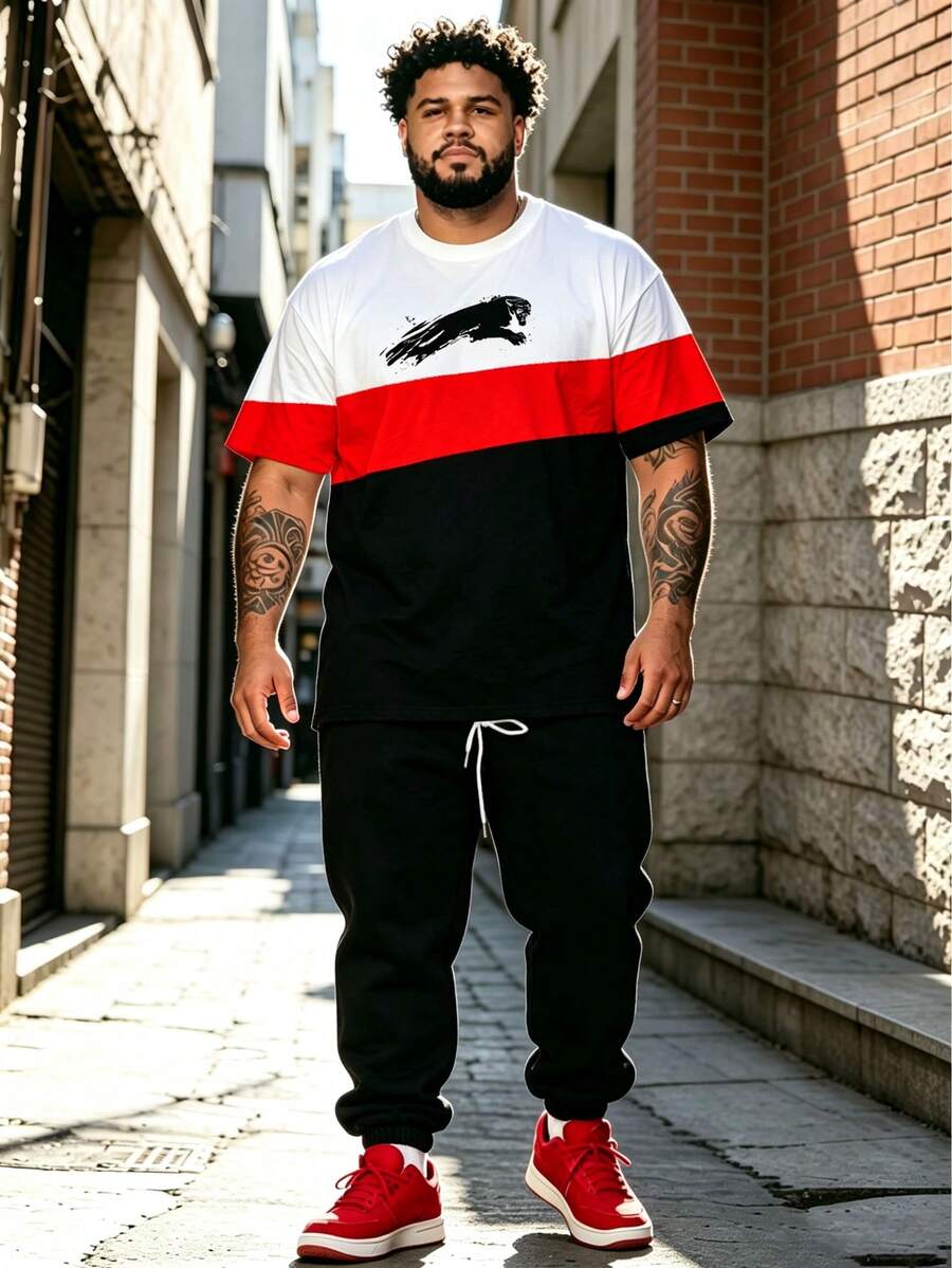 2pcs Plus Size Men's White Red Black Three-Section Colorblock Leopard Ink Print Short Sleeve Jogger Sweatpants Set, American Streetwear Plus Summer - Black - View 1