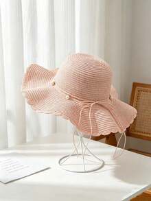 1pc Women's Woven Straw Hat, Wavy Ruffle Wide Brim Soft Hat, Pearl Decor Side Bow, Lightweight Foldable UV Protection Breathable - A - View 6