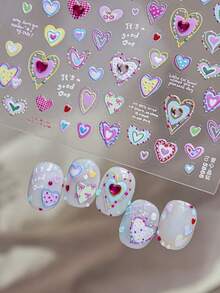 1 Sheet Crystal Diamond Embossed Multi-Color Heart Nail Art Stickers, Macaron Polka Dot Outlined Cursive English Self-Adhesive Stickers, Cute Sweet Style Daily Nail Decorations - Multicolor - View 1